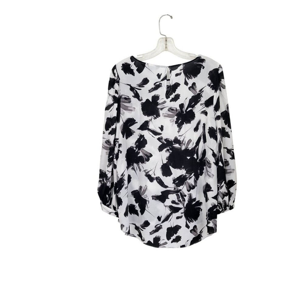IMNYC Isaac Mizrahi Womens Black & White Floral Long Sleeve Blouse M - Picture 2 of 4